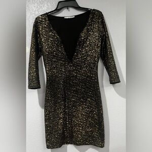 Manito USA Black & Gold Metallic Deep V-Neck Mini Dress Size Small
